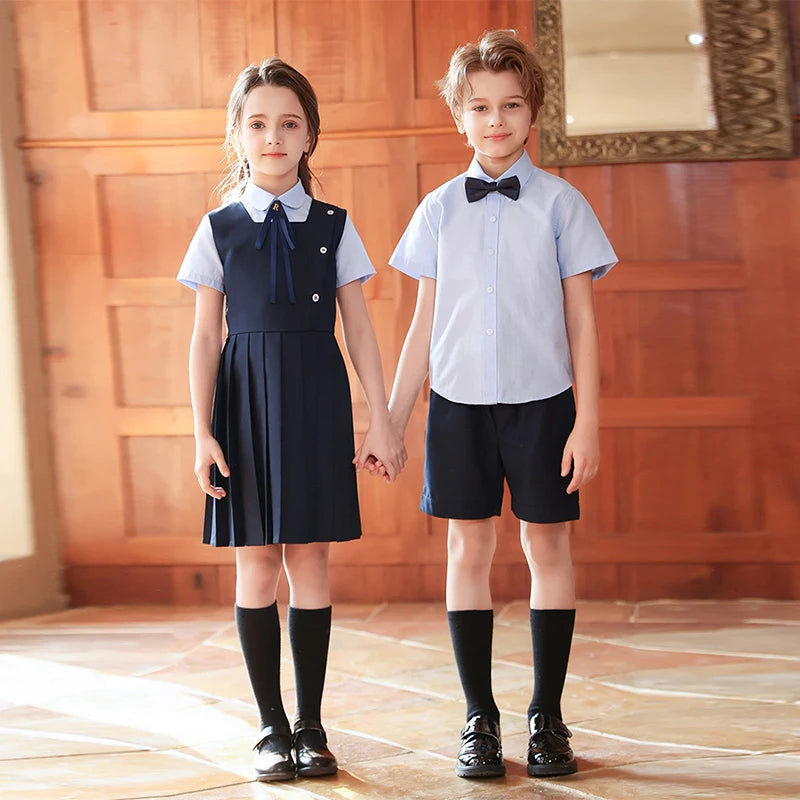 Girl Summer Evening Dresses Kindergarten School Uniform Boys Shirt Shorts Bowtie Wedding Suit Children Performance Costume