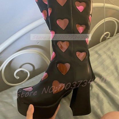 Cutout Heart Window Platform Knee High Boots Women Pink PVC Hollow Round Toe Block Heels Shoes Lady Y2K Street Fashion Boots