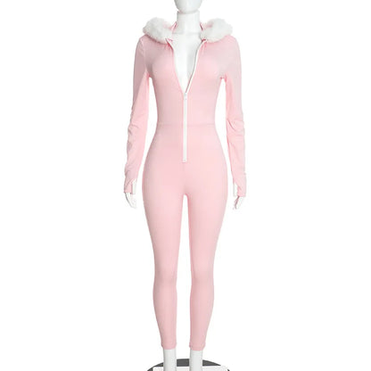 Nsauye Jumpsuits Women Long Sleeve Pullover Faux Fur Hoodies Skinny One Pieces Overalls Sexy Clubwear Sport Y2K Jumpsuit Rompers
