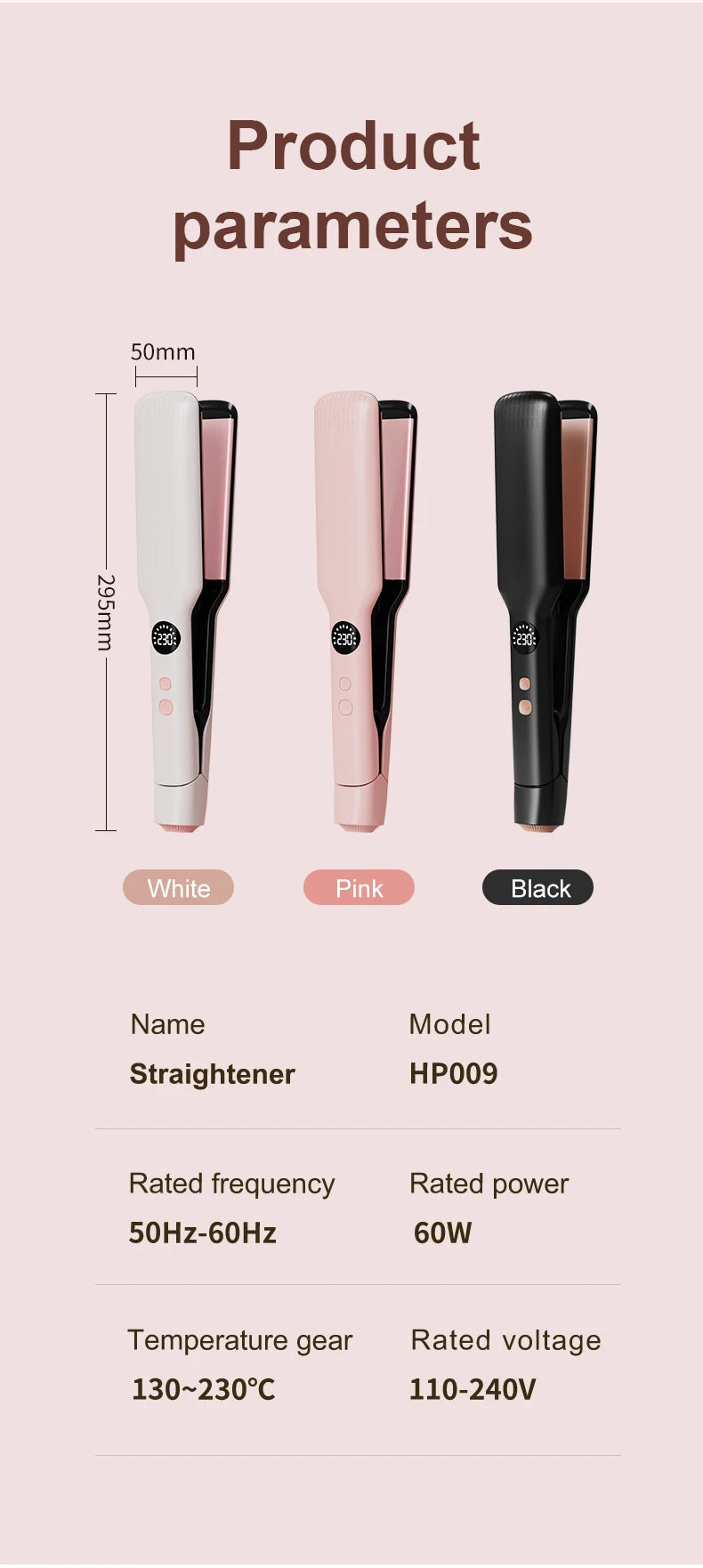 Professional Hair Straightener with Oil Coating Wide Plates–60W Fast Heating,Care for Frizzy,PTC Technology for Smooth Styling
