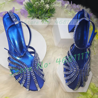 Crystal Caged Mid Block Heel Satin Sandals Women Metallic Leather Luxury Feminine Shoes Ladies Summer Ankle Strap Evening Shoes