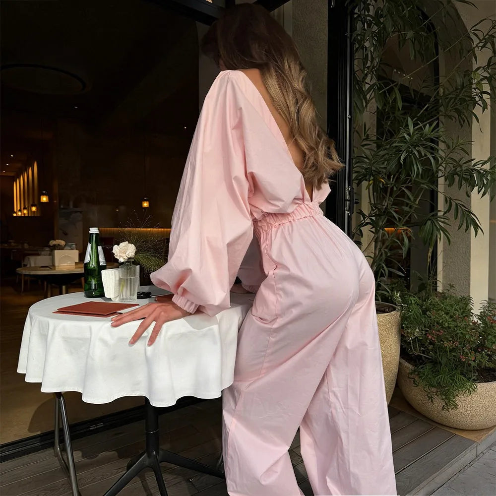 Pink One-Piece Suit Women's Spring Summer New Lantern Sleeve Backless Top Waist-Cinching Wide Leg One-Piece Suit