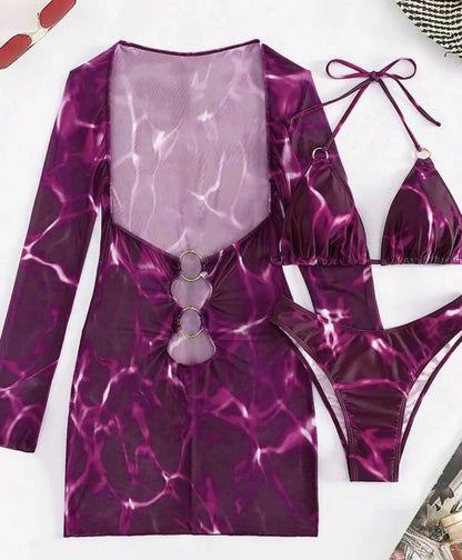 3 Piece Bikini Set Women Swimsuit Halter Cutout Metal Ring Mesh Cover Up Beach Dress Swimwear Bathing Suit