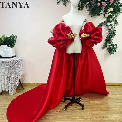 Red  Mikado Satin Long Wedding Cape Puffy Short Sleeves Court Tain Evening Cape Outfit Coat For Women Costume DJ199