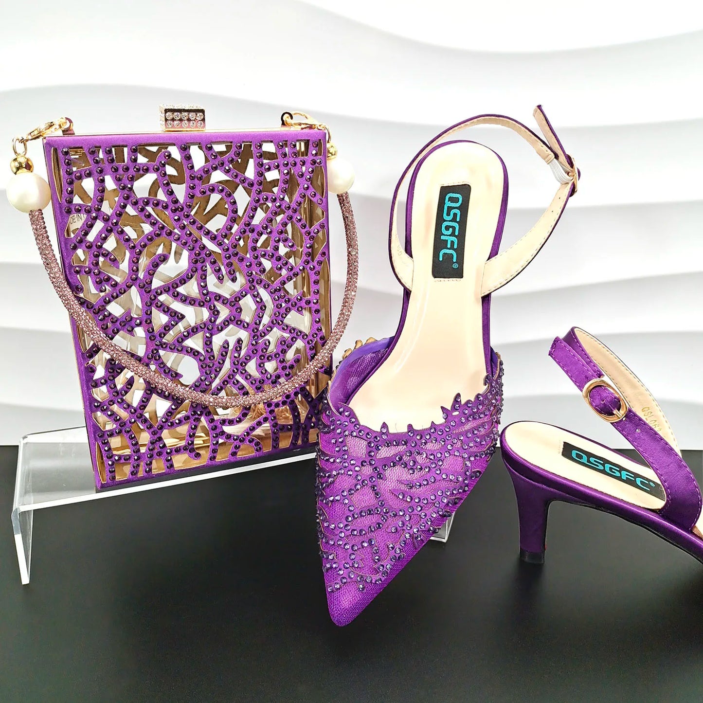 Luxury African Nigerian Bride Party Shoes Sky Blue All Rhinestone Pointed Heels Matching Shoe Bag Set