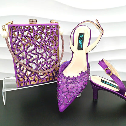 Nigerian Style Elegant Women's Party Shoes  Luxury Full of Diamonds Shoes Sky Blue Pointed High Heel Shoe Bag Set