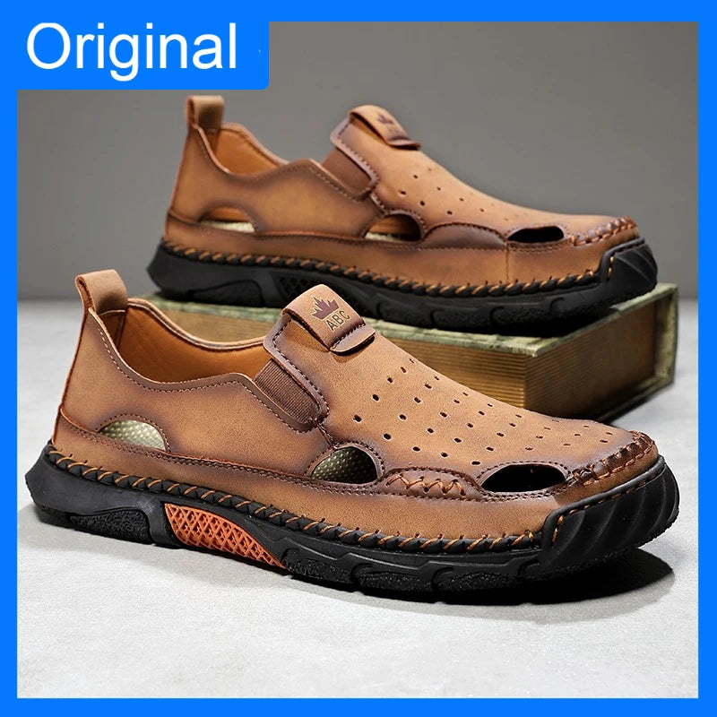 Mens Sandals New Comfortable Slip-on Casual Footwear Plus Size Elastic Soft Sole Lightweight Handmade Leather Walking Sandals