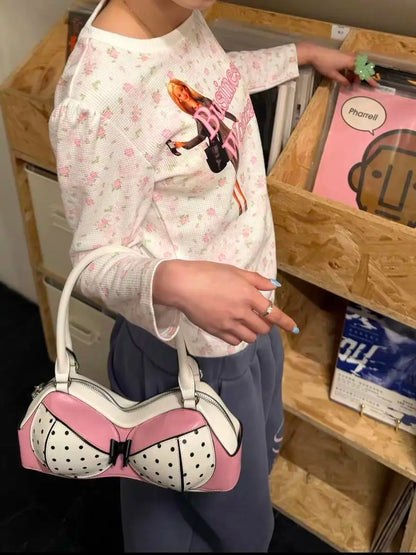 2026 New Women Bag Y2K PU Dot Lace Bow Fashion Sweet Shoulder Bag Handbag