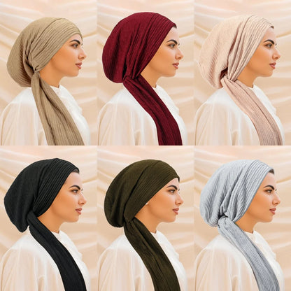 2026 New Solid Color Turban Hijab Hats Long Tail Head Wraps Elastic Muslim Hats Breathable Chemo Cap For Women Girls