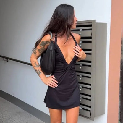 Talenza Women Summer Dress Fashion Sexy V-neck Pleated Backless New Dress Elegant Luxurious Party Vacation Women's Casual Dress