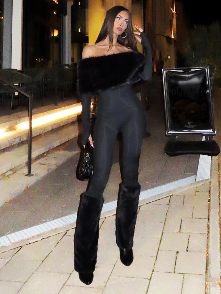 Nibber Winter Furry Patchwork Jumpsuits Women Slash Neck Full Sleeve Sexy Simple Stretch Skinny Street Hipster Club Overalls
