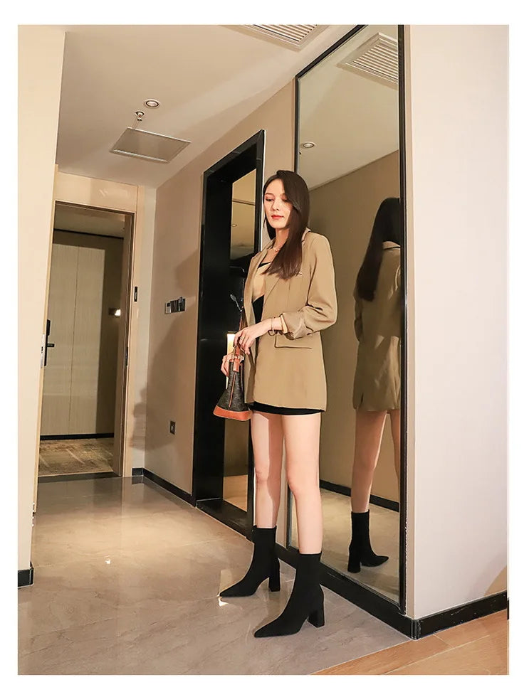 BIGTREE Shoes High Heel Boots Suede Women Ankle Boots Pointed Toe Socks Boots Thick Heel Women Shoes Warm Winter Boots Size 43