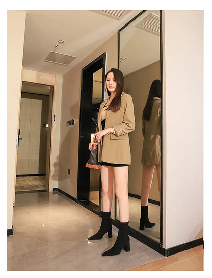 BIGTREE Shoes High Heel Boots Suede Women Ankle Boots Pointed Toe Socks Boots Thick Heel Women Shoes Warm Winter Boots Size 43