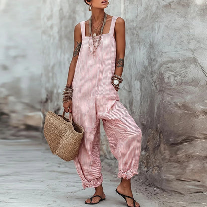 Summer Sleeveless Long Pants Jumpsuit Women Casual Striped Printed Pocket Playsuits For Women Fashion Loose Rompers Blue
