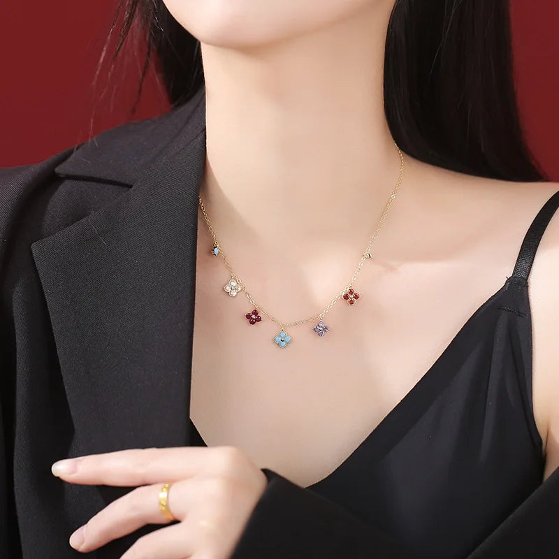 925 Sterling Silver Colorful Four-Leaf Petal Ring for Women Light Luxury, High-End, Trendy Fashion Fine Jewelry Gifts