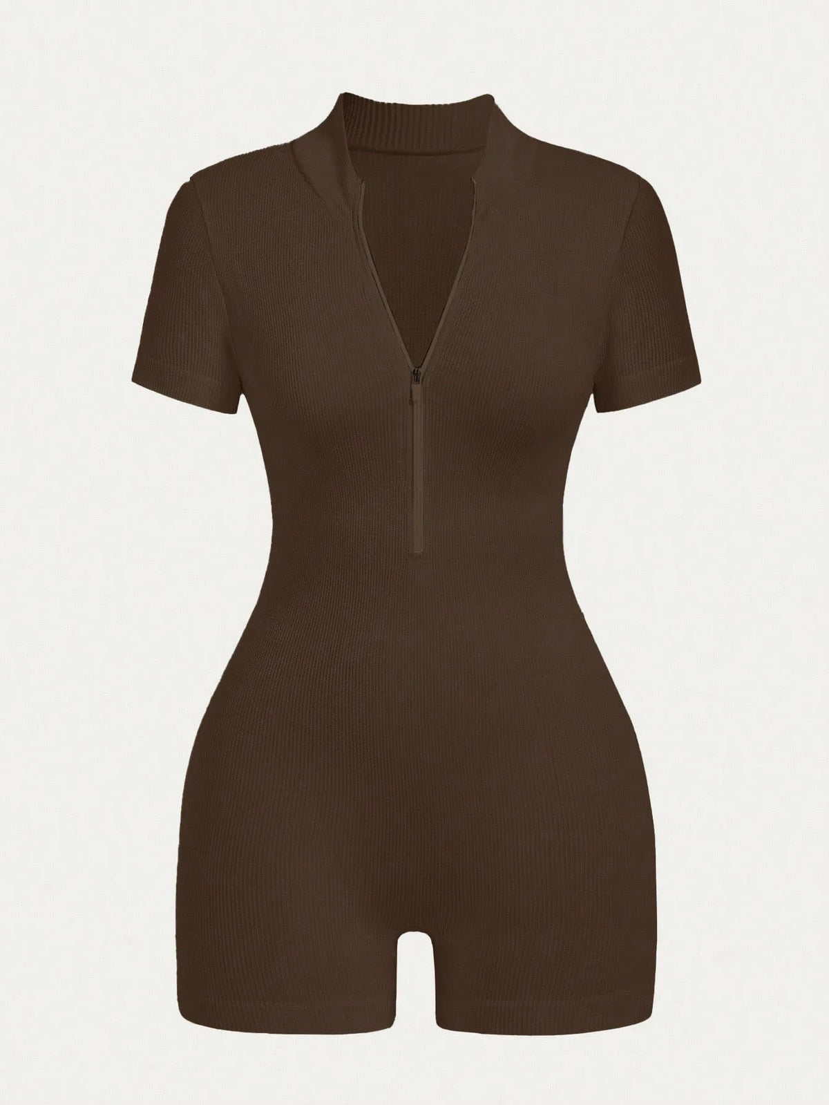 Women's Solid Color Half Zip Ribbed Knit Short Sleeve Romper Sports Soft Slim Fit Mock Neck Jumpsuit Streetwear 2025 Summer