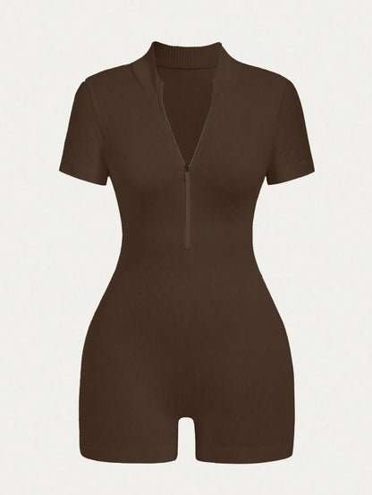 Women's Solid Color Half Zip Ribbed Knit Short Sleeve Romper Sports Soft Slim Fit Mock Neck Jumpsuit Streetwear 2025 Summer