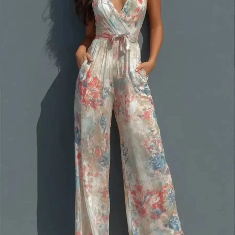 Women Sexy Print V Neck Sleeveless Jumpsuit Summer Casual High Waist Wide Leg Romper With Pockets Holiday party style jumpsuit
