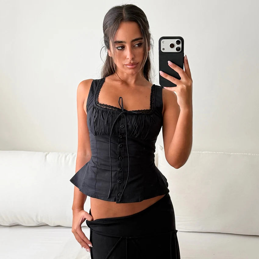 Linad Vintage Lace Square Collar Tank Top For Woman 2026 Street Chic Black Single Breasted Camisole Fashion Cotton Tops Spring