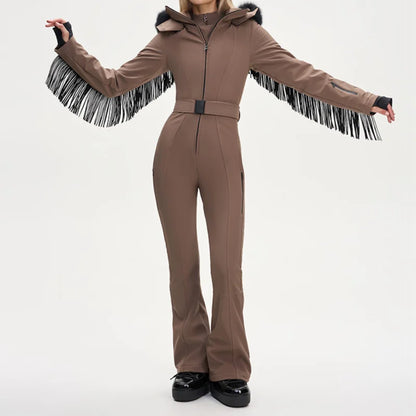 Thicken One-piece Ski Suit Women Faux Fur Hooded Tassels Coat High Waist Belt Jumpsuit 2025 Winter Windproof Waterproof Skiwears
