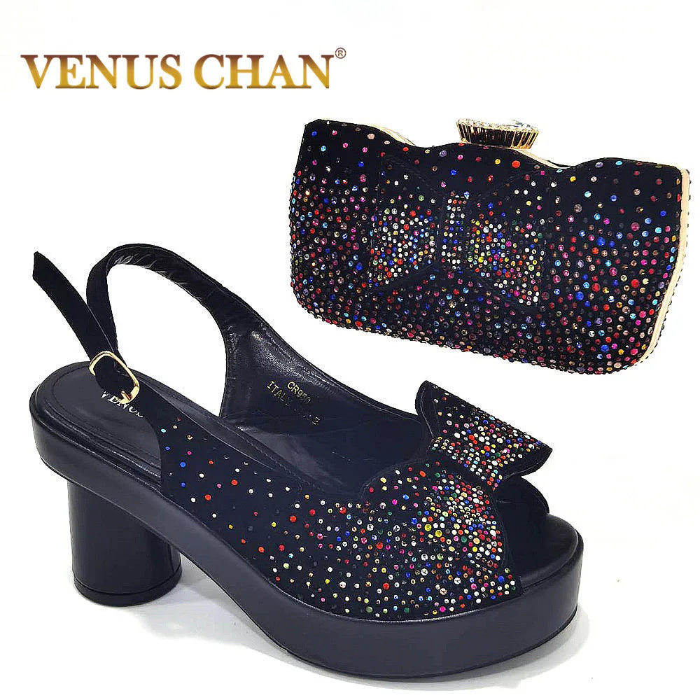 2024 Silver Fashion Square Heels with Platform African Women Shoes and Bag Set Full Crystal Pumps for Wedding Party