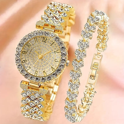 2pcs and 1pcs Elegant Crystal Watch Stainless Steel Fashion Simple Luxury Full Crystal Bracelet Quartz Watch