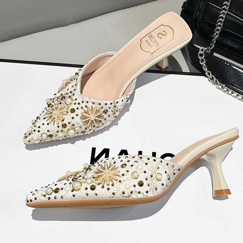 Luxury String Bead Decoration Design Brand High Heel Slippers Women Shiny Rhinestone Slide Sandals Elegant Wedding Bridal Shoes