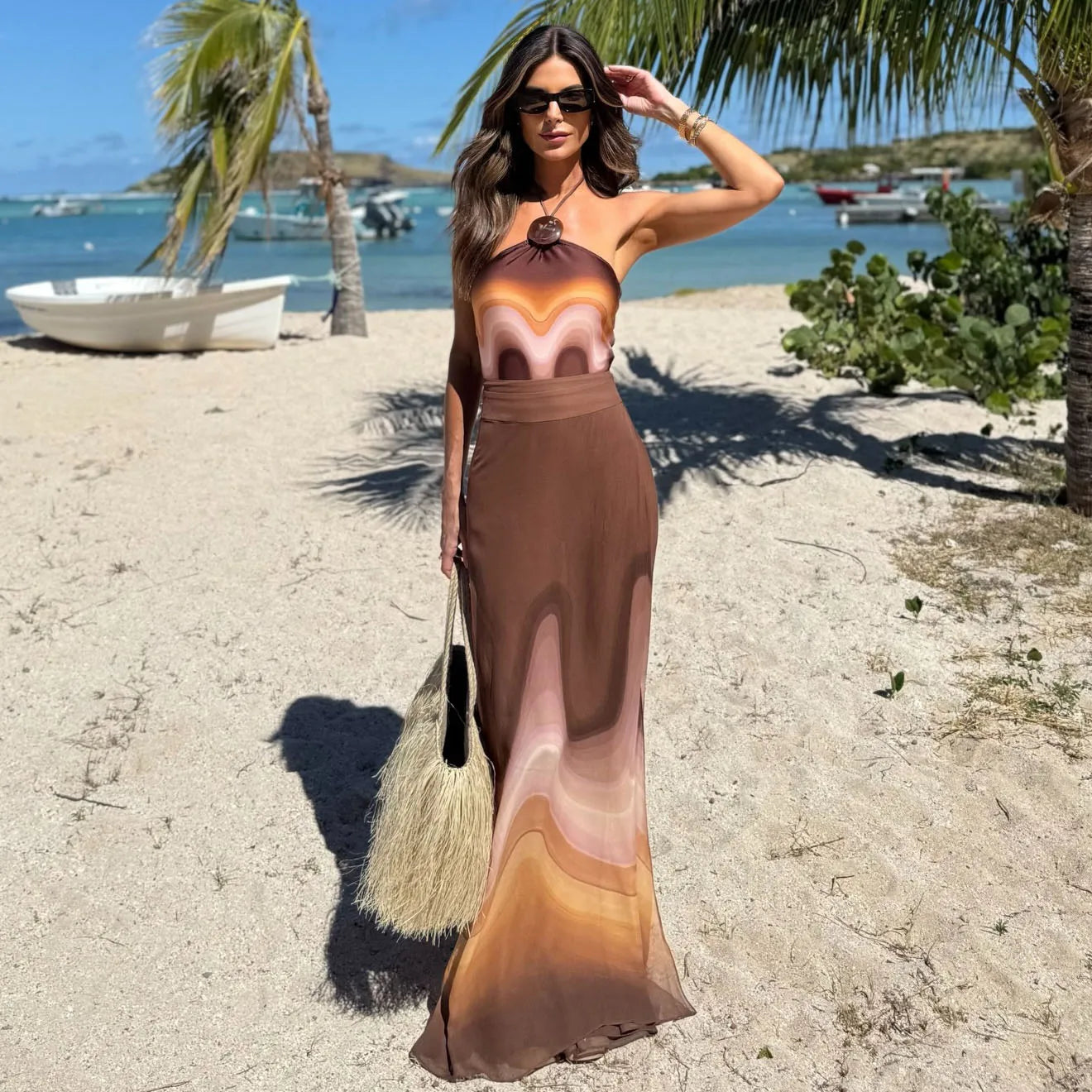 3Pcs Halter Swimsuit Sexy Women Bikini Push Up Swimwear Button Swimming Suits Female Long Skirt Cover Up Bathingsuit Beachwear