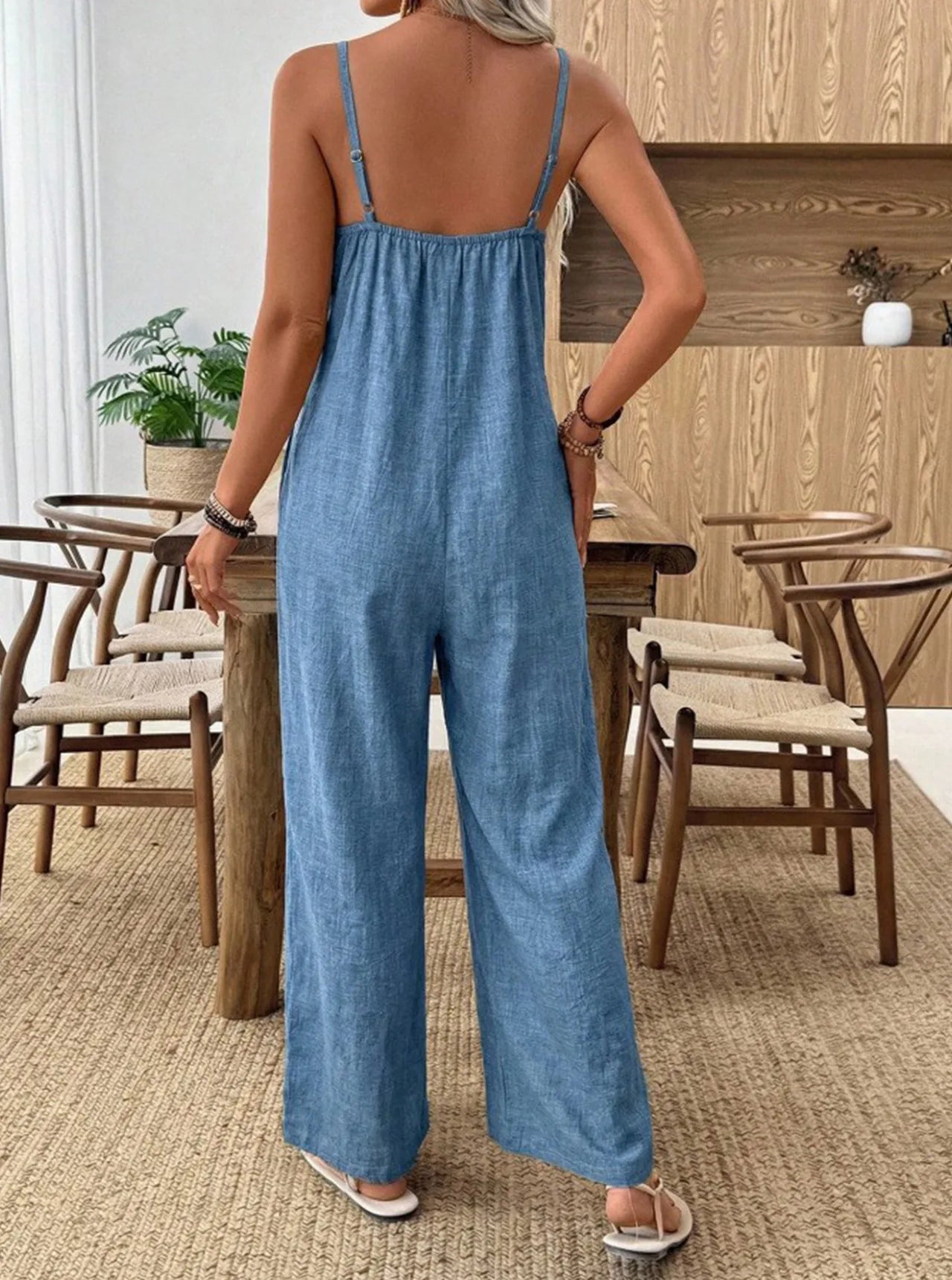 Women's Summer Spaghetti Strap Sleeveless Streetwear Jumpsuits Holiday Simple Chic Playsuits Patchwork Wide Leg Pants Bodysuits