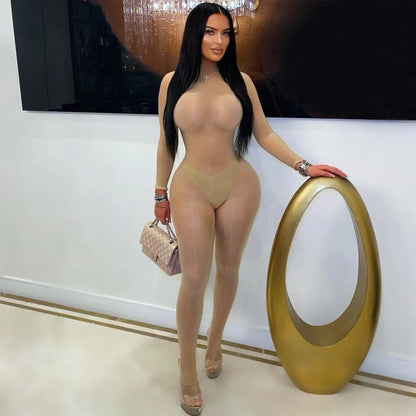 Women Sexy See Through Silky Glossy High Stretchy Seamless Skinny Jumpsuit O-neck Long Sleeve Tight Stockings Overalls pantyhose