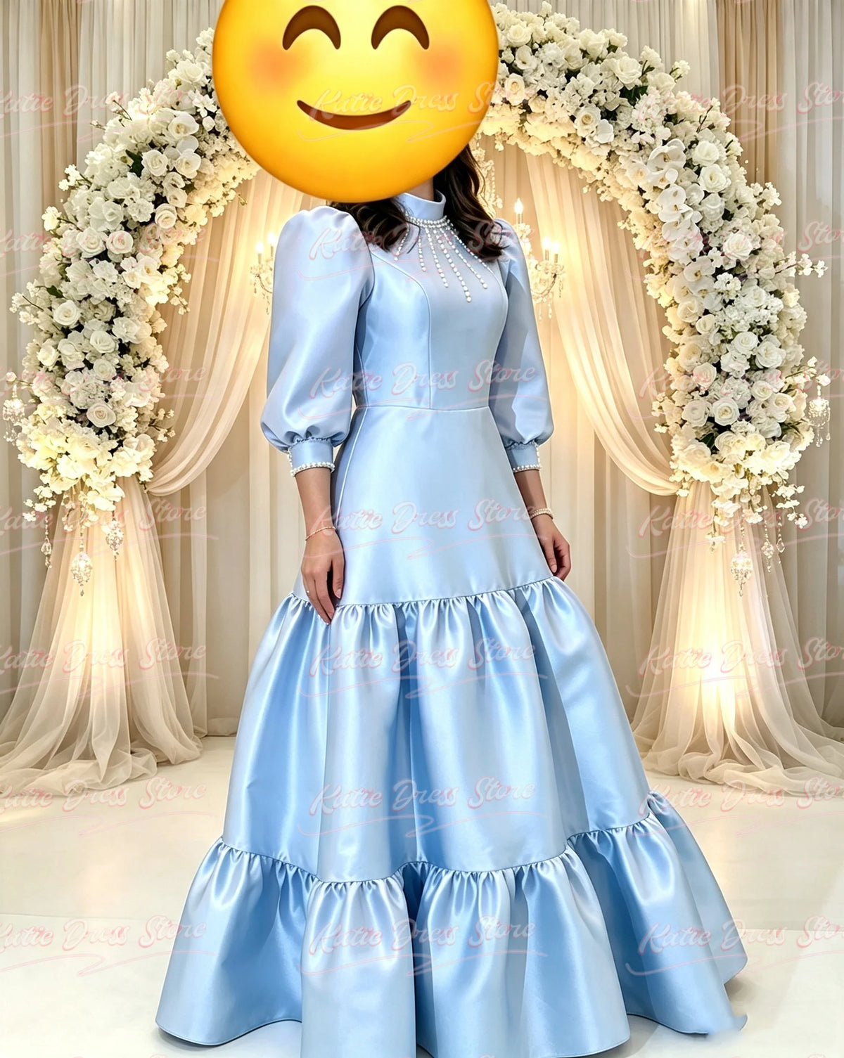 Satin Bridesmaid Dress For Women Balloon Sleeve A-line High Neck WIth Pearls Birthday Party Evening Ball Gown Customized