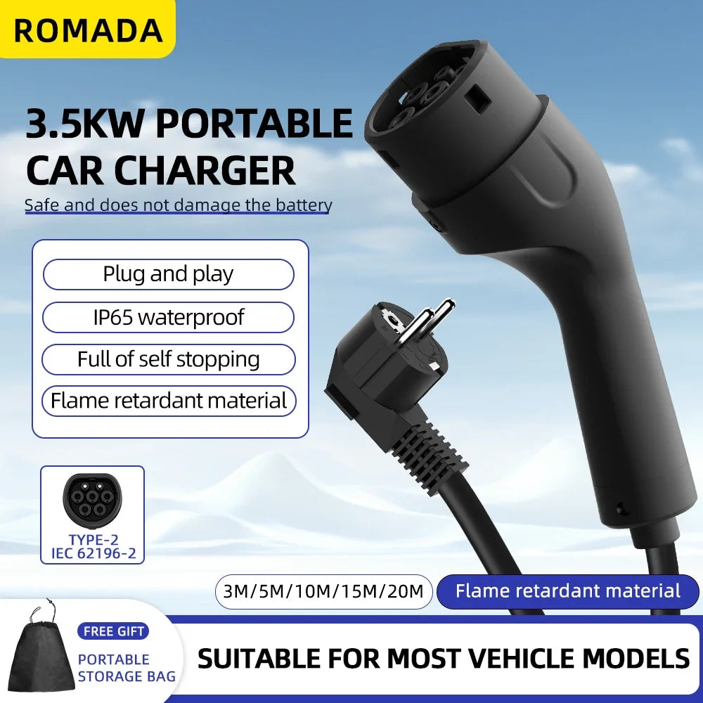 Portable 3.5KW 16A EV Charger with 3M-20M Cable Type2 IEC62196 EU Plug Wallbox Adapter Plug And Charge for Electric Vehicles