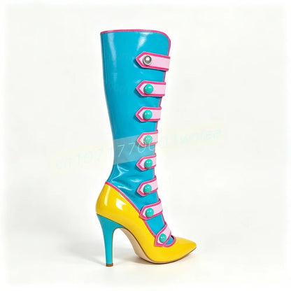 Women Color Block Knee High Boots Glossy Patent Leather Pointed Toe Stiletto Heels Multiple Strap Buckle Cosplay Fashion Shoes