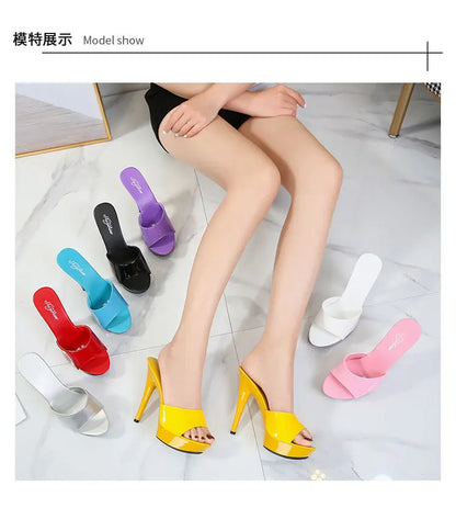 13CM Woman Slippers Mule Patent Leather Sandals Sexy Fashion Slides Party Shoes for Women Luxury Black Summer Platform Sandals