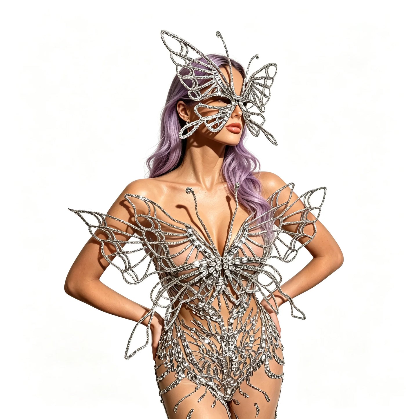 Sexy Shiny Silver Crystal Jumpsuit Transparent Mesh 3D Butterfly Rhinestone Wings Jumpsuit Birthday Party Performance Costume