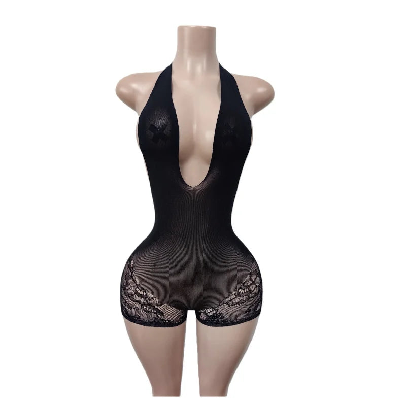 Sexy Halter V-neck Lace Romper for Woman Jumpsuit Short Rave Festival Clothing Sleeveless Backless Club Party Playsuit Body Suit