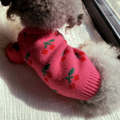 Winter Dog Sweater Cherry Print Dog Clothes Small Dogs Coat Pet Costume Chihuahua Bichon Dachshund Clothing Knitted Warm Sweater
