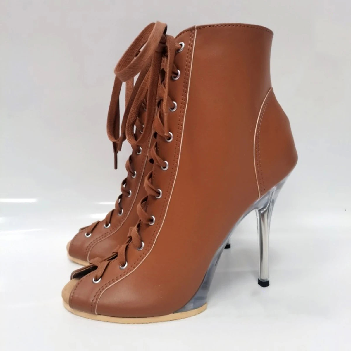 Pink 12cm high-heeled shoes,Twisted buttocks dance modeling performances 5 inch transparent soles sexy Fetish short Ankle Boots