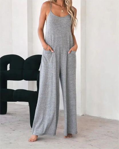 Plus Size Casual Sleeveless Jumpsuit Spaghetti Strap Loose Wide Leg Pocketed Beach Vacation Romper for Women