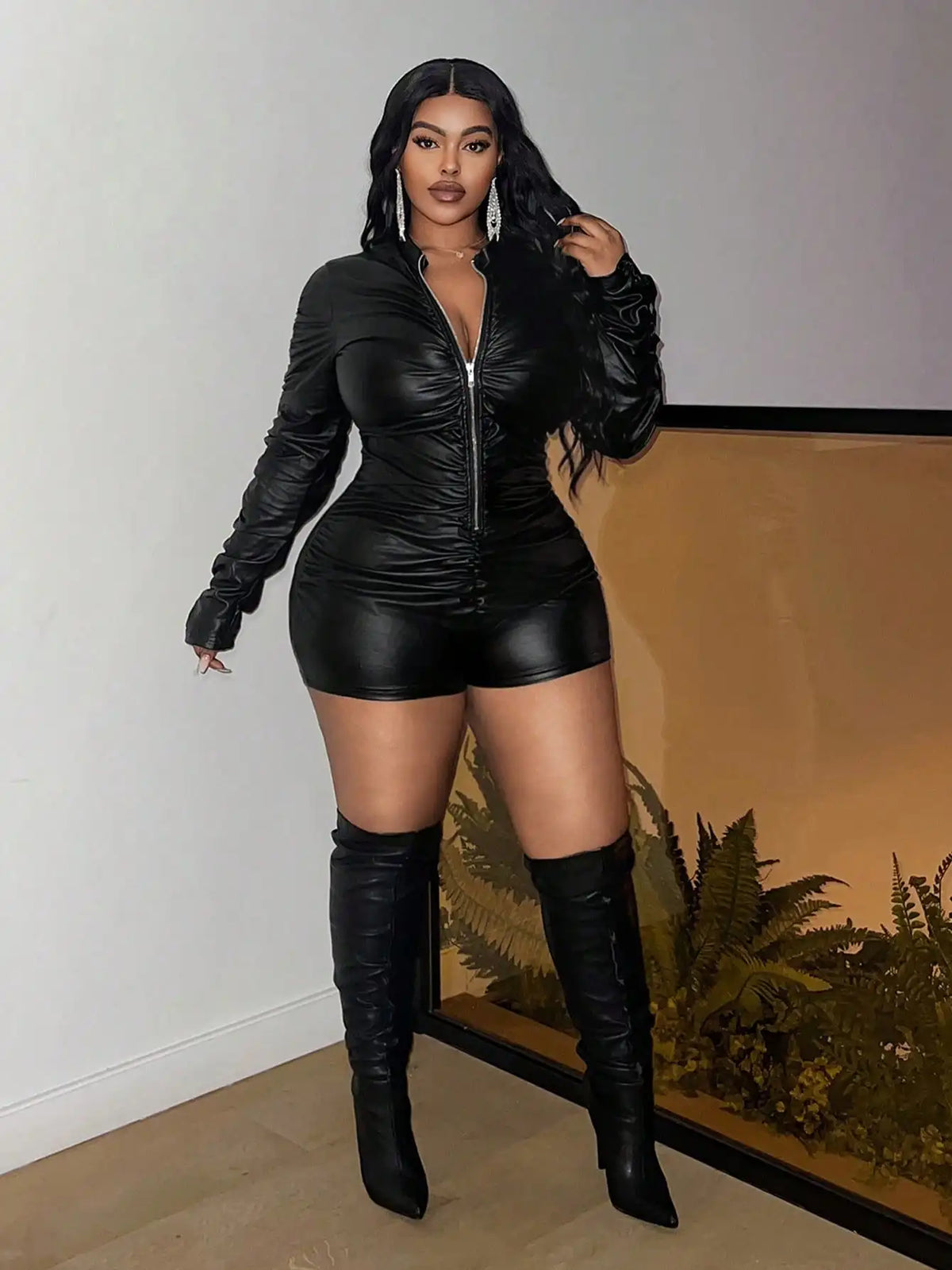 plus Size Leather Jumpsuit Sexy Zipper Pleated Design Long Sleeve One-Piece Pants for Women Trendy Streetwear Style