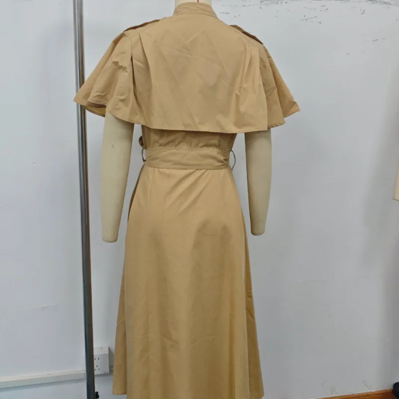 Women's Trench Style Midi Dress Stand Collar Cape Overlay Short Sleeve Belted Waist A‑Line Dresses Autumn Elegant Office Outfits
