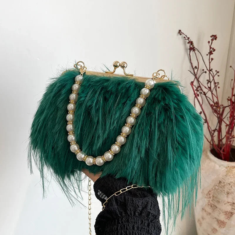 Beading Chain Women's Evening Plush Handbags Faux Fur Tassel Ladies Shoulder Bag Elegant Female Crossbody Bags Party Furry Purse