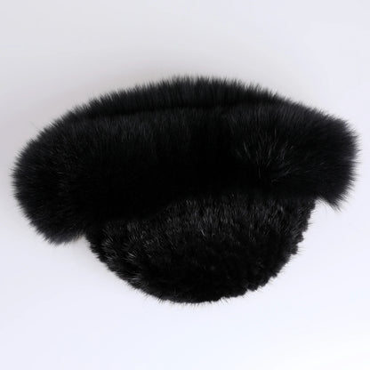 Women's Winter Warm Genuine Premuim Mink Fur Knitted Bucket Hat Furry Real Fur Caps Big Fox Fur Trim Brim Adjustable