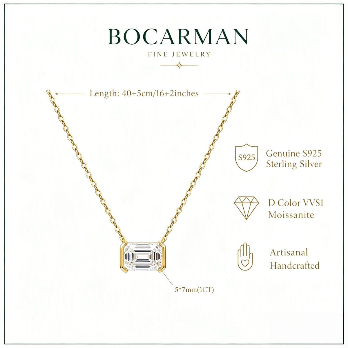 Bocarman S925 Sterling Silver with 14K Gold Plating Emerald Cut Moissanite Pendant D Color GRA VVS1 Step Cut Brilliance Refined