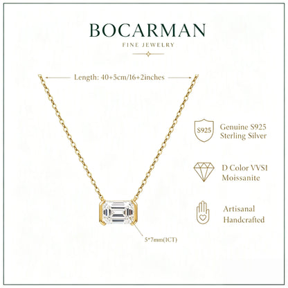 Bocarman S925 Sterling Silver with 14K Gold Plating Emerald Cut Moissanite Pendant D Color GRA VVS1 Step Cut Brilliance Refined