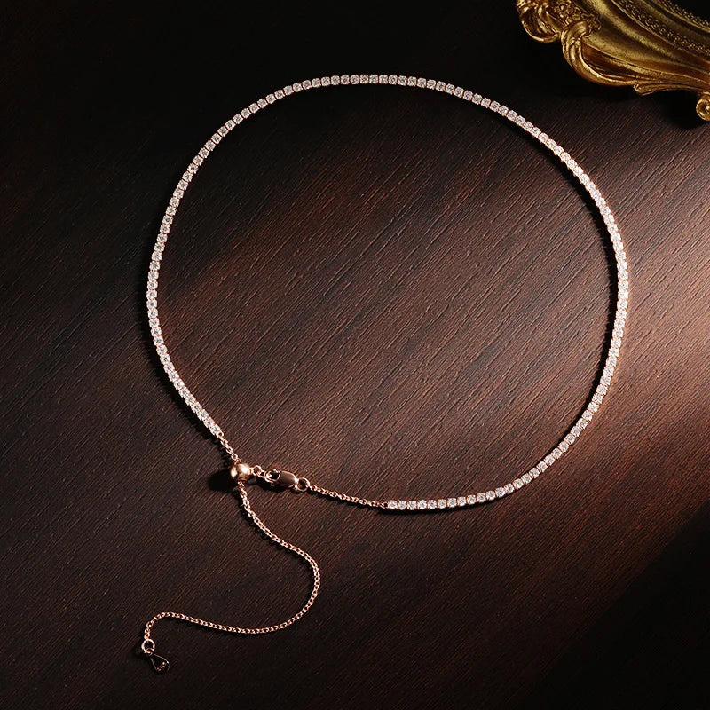 KNOBSPIN 2mm Moissanite Tennis Necklaces for Women Solid s925 Silver Adjustable Choker Chain Wedding Diamond Rhinestone Necklace