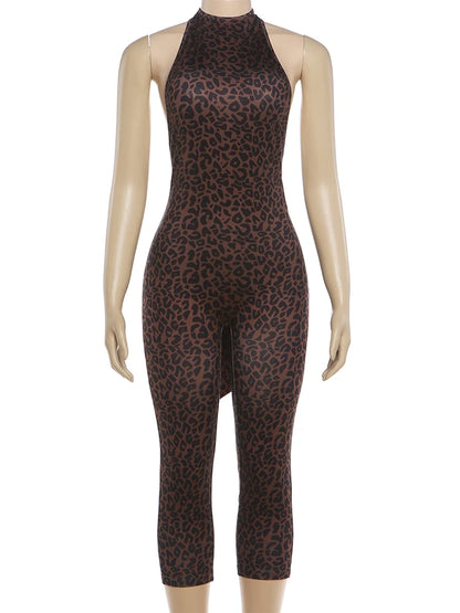 Kliou Leopard Print Playsuits Woman Summer Trend Bandage Halter Backless Skinny Peach Hip Hot Girls Street Sexy Fashion Rompers