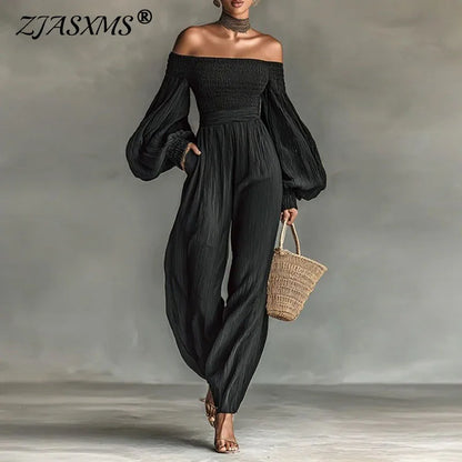 Women Solid Off Shoulder Backless Jumpsuits Lantern Long Sleeve Pleated High Waist Pockets Overalls Casual Holiday Party Rompers
