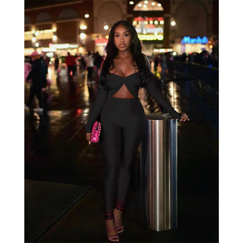 Sexy Off the Shoulder Birthday Jumpsuit for Women Night Club Outfit Party Hollow Out Ruched Skinny Long Sleeve Rompers Full Body