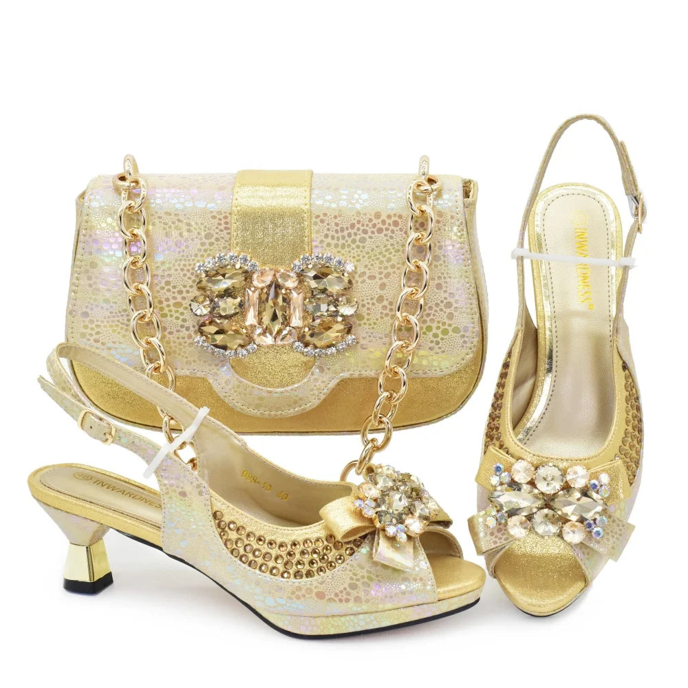 Nigerian Heel Party for Women Gold Color Shoes and Bag Set Rhinestone Handbag Italian Design Wedding Pumps Women Shoes Luxury